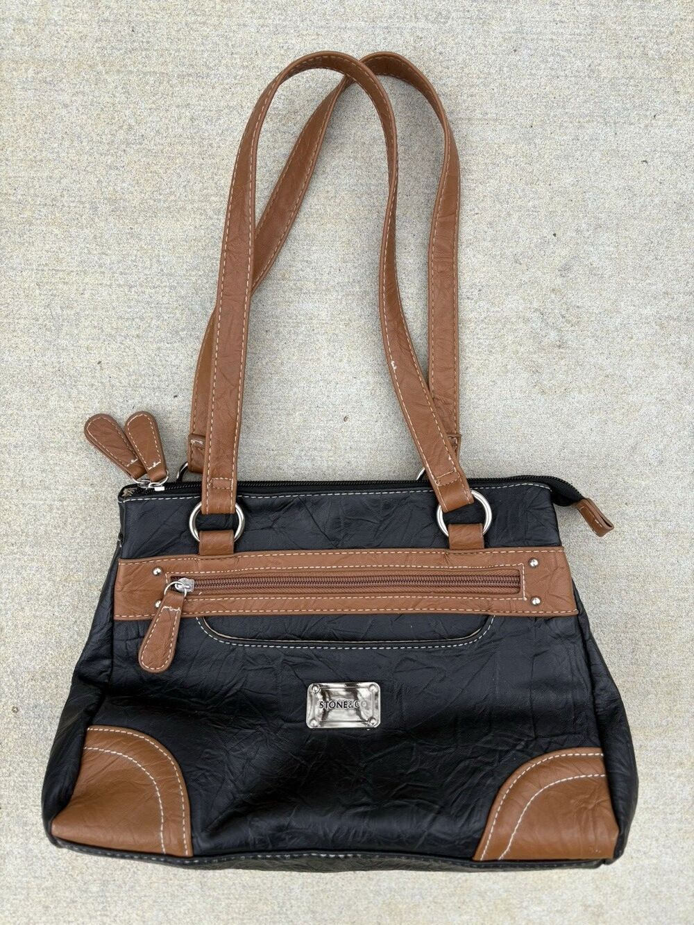 Stone & Co womens Black & Brown Vegan Faux Leather Purse Handbag 8.5"H x 11"W